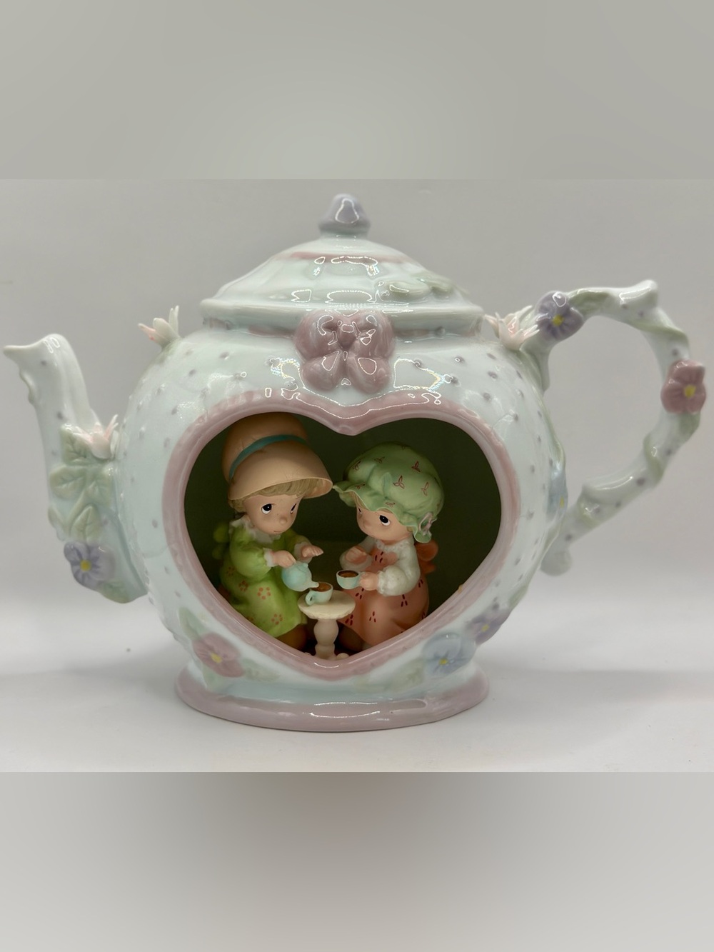 Enesco Precious Moments “Two for Tea” Pastel Pink Tea Figurine Tea Pot Music Box